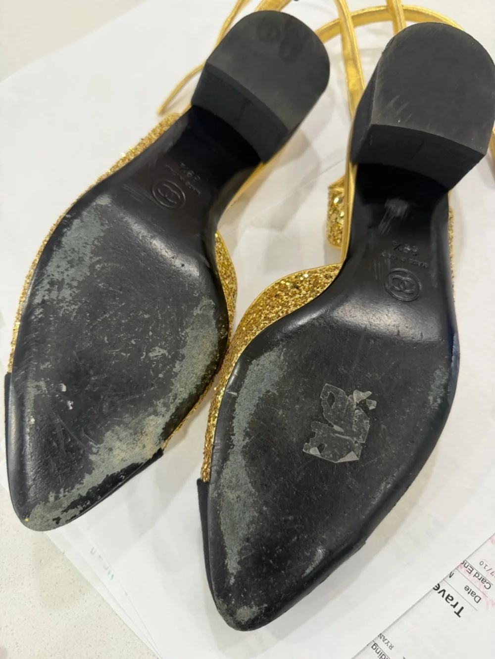 CHANEL Gold Glitter Slingback Pumps with Black Cap Toe - Picture 5 of 7